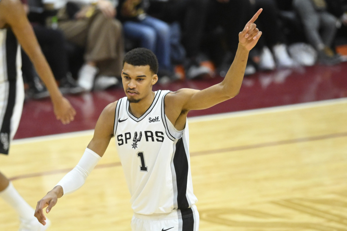 Jan 7, 2024; Cleveland, Ohio, USA; San Antonio Spurs center Victor Wembanyama (1) reacts in the fourth quarter against the Cleveland Cavaliers at Rocket Mortgage FieldHouse.